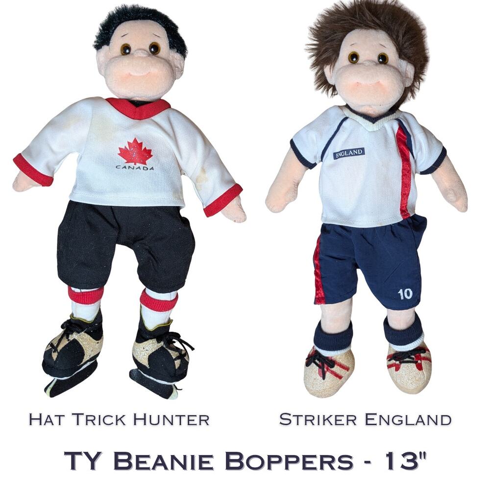 TY Beanie Boppers Lot of 2 Hat Trick Hunter Striker England 13" Hockey Soccer
